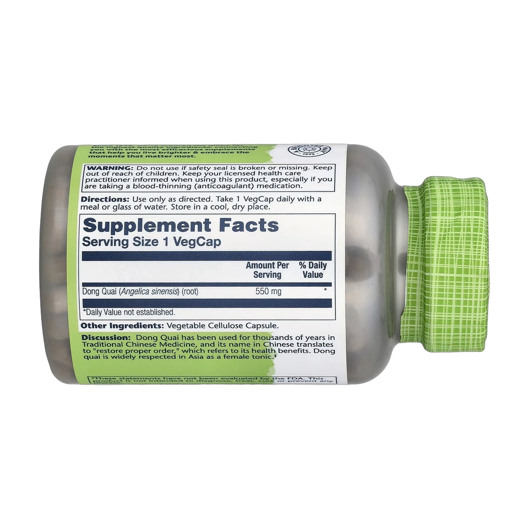 Supplement bottle with green cap and label on a white background