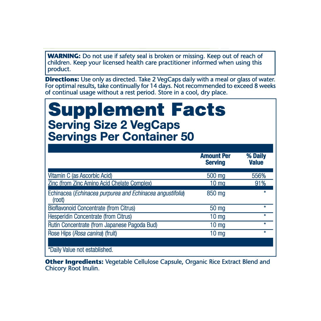 Solaray, True Herbs, Echinacea, Vitamin C & Zinc, 100 VegCaps supplement facts label showing ingredients, vitamins, minerals, and serving information