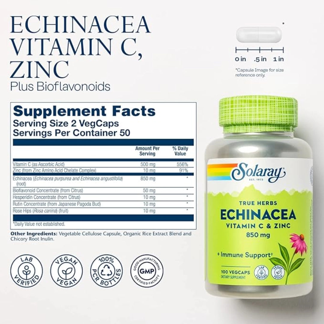 Solaray, True Herbs, Echinacea, Vitamin C & Zinc, 100 VegCaps