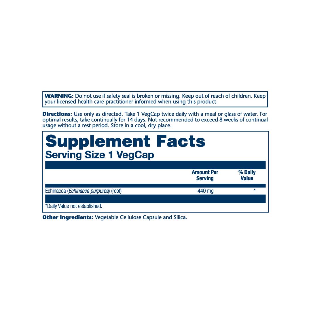 SOLARAY, Echinacea Purpurea Root 440 mg, 100 VegCaps supplement facts label showing ingredients, vitamins, minerals, and serving information
