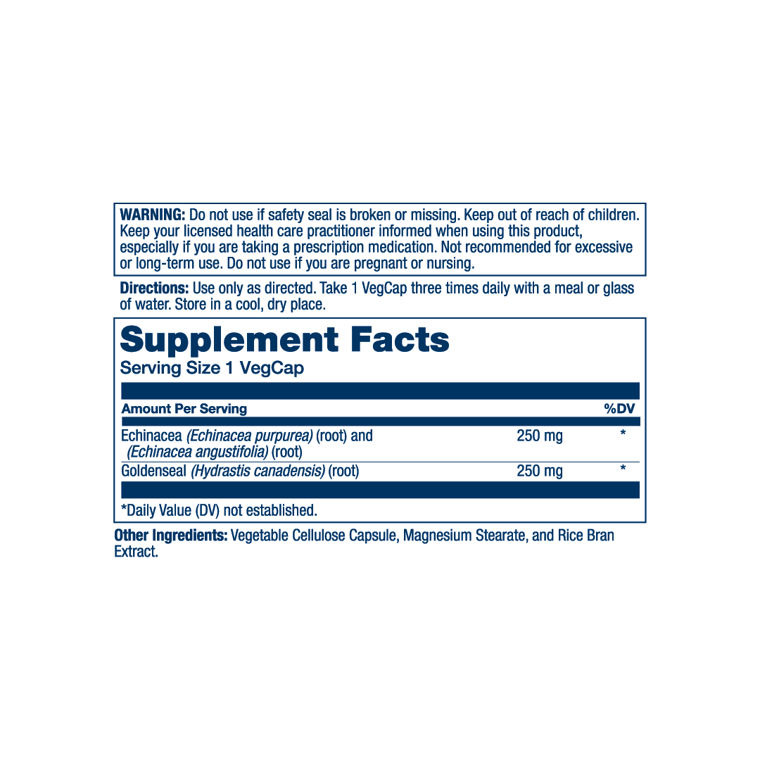 Solaray, True Herbs, Echinacea Goldenseal, 100 VegCaps supplement facts label showing ingredients, vitamins, minerals, and serving information
