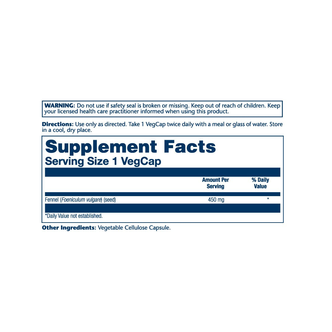 Solaray, True Herbs, Fennel, 450 mg, 100 VegCaps supplement facts label showing ingredients, vitamins, minerals, and serving information