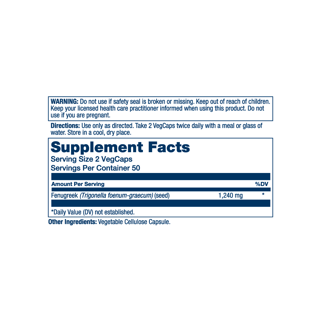 Solaray, True Herbs, Fenugreek, 100 VegCaps (620 mg per Capsule) supplement facts label showing ingredients, vitamins, minerals, and serving information