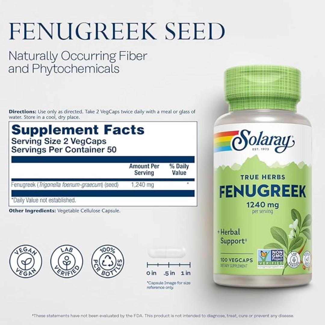 Solaray, True Herbs, Fenugreek, 100 VegCaps (620 mg per Capsule)