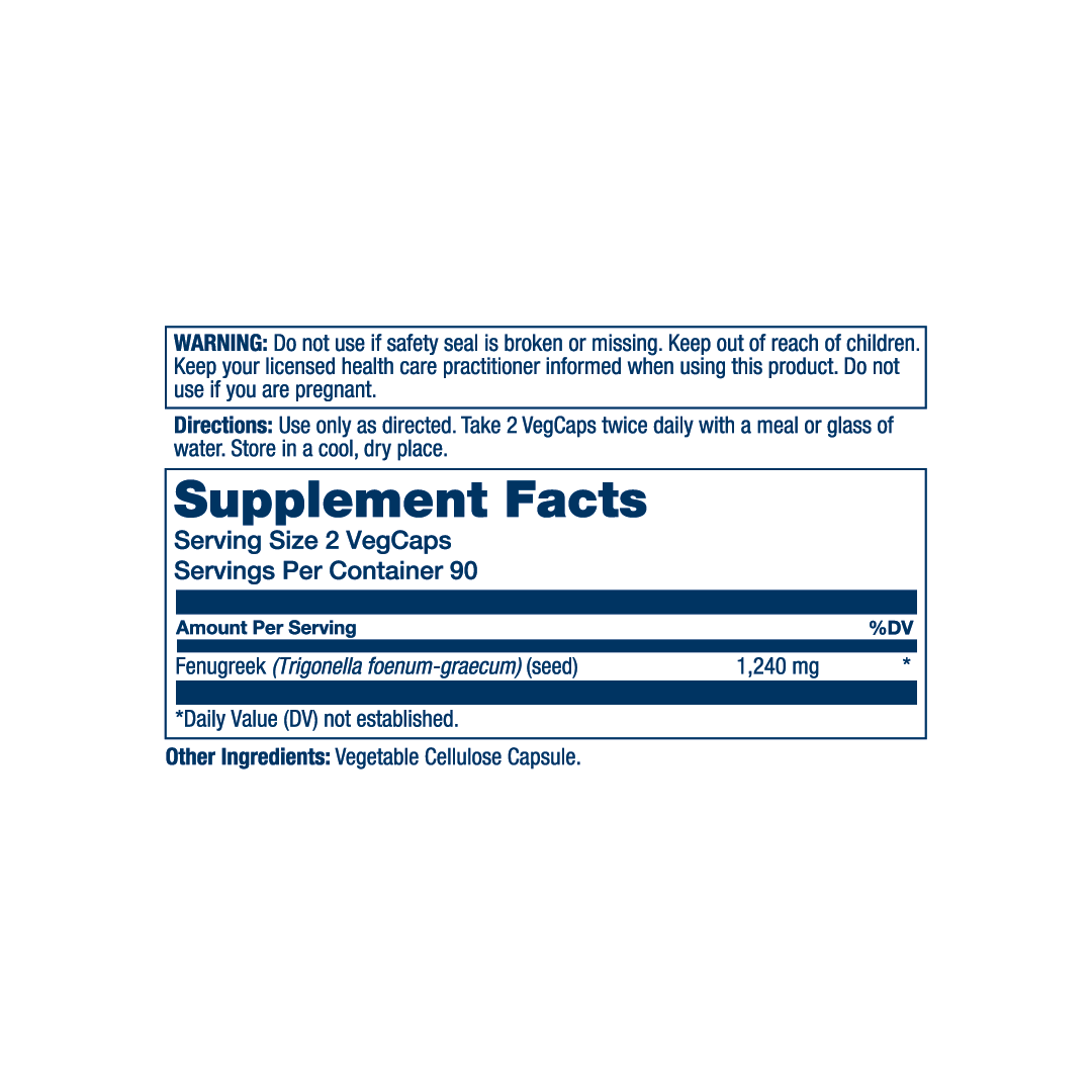 Solaray, True Herbs, Fenugreek, 180 VegCaps (620 mg per Capsule) supplement facts label showing ingredients, vitamins, minerals, and serving information