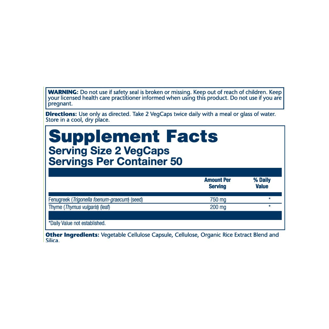 Solaray, True Herbs, Fenugreek Thyme, 100 VegCaps supplement facts label showing ingredients, vitamins, minerals, and serving information