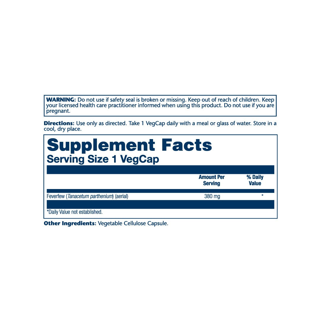 Solaray, True Herbs, Feverfew, 380 mg, 100 VegCaps supplement facts label showing ingredients, vitamins, minerals, and serving information
