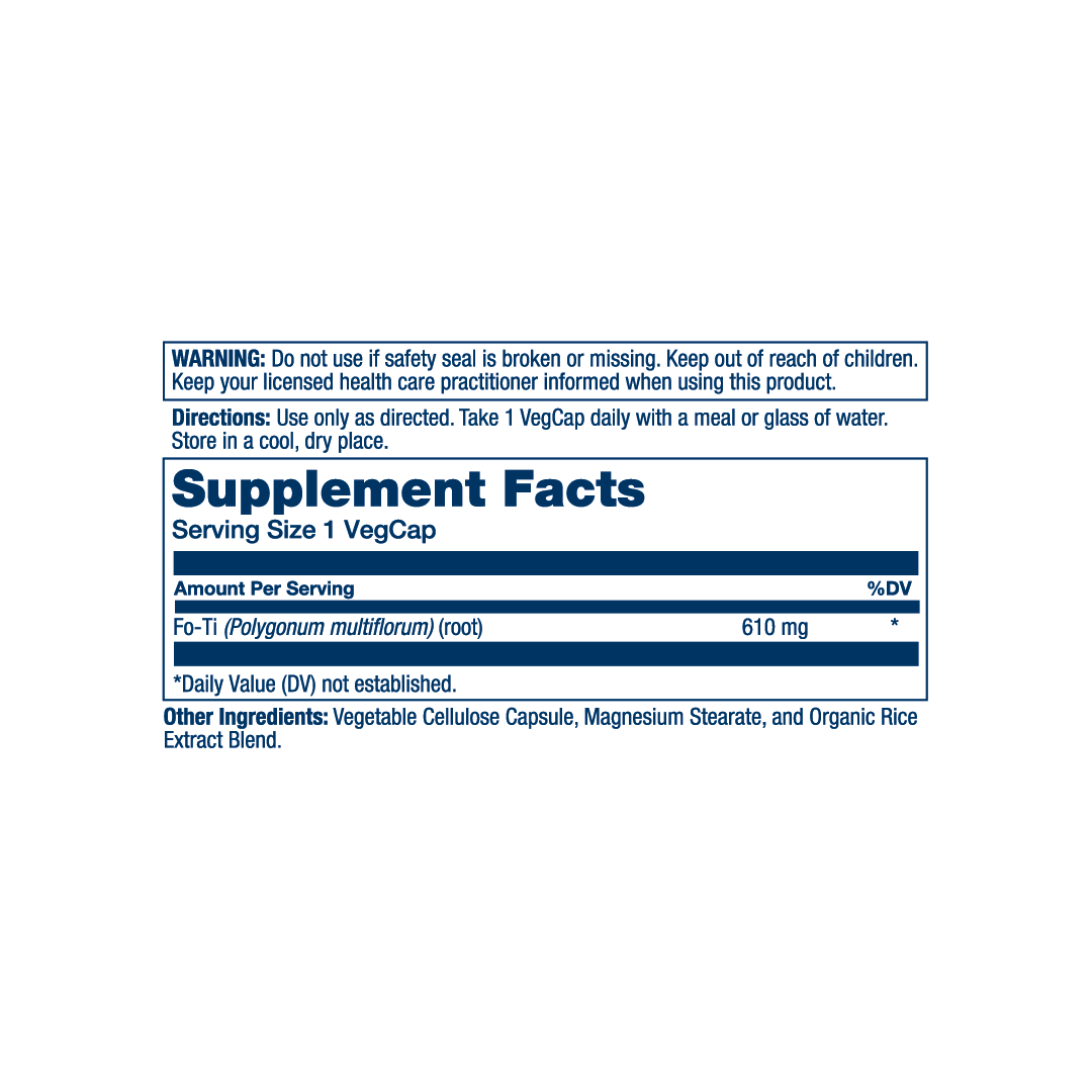 Solaray, True Herbs, Fo-Ti He-Shou-Wu, 610 mg, 100 VegCaps supplement facts label showing ingredients, vitamins, minerals, and serving information