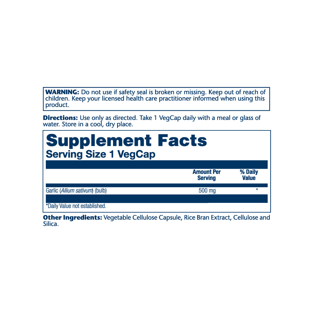 Solaray, True Herbs, Garlic, 500 mg, 100 VegCaps supplement facts label showing ingredients, vitamins, minerals, and serving information