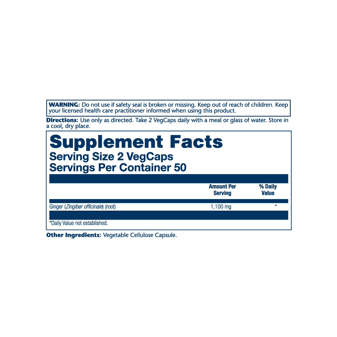 Solaray, True Herbs, Ginger, 100 VegCaps (550 mg per Capsule) supplement facts label showing ingredients, vitamins, minerals, and serving information