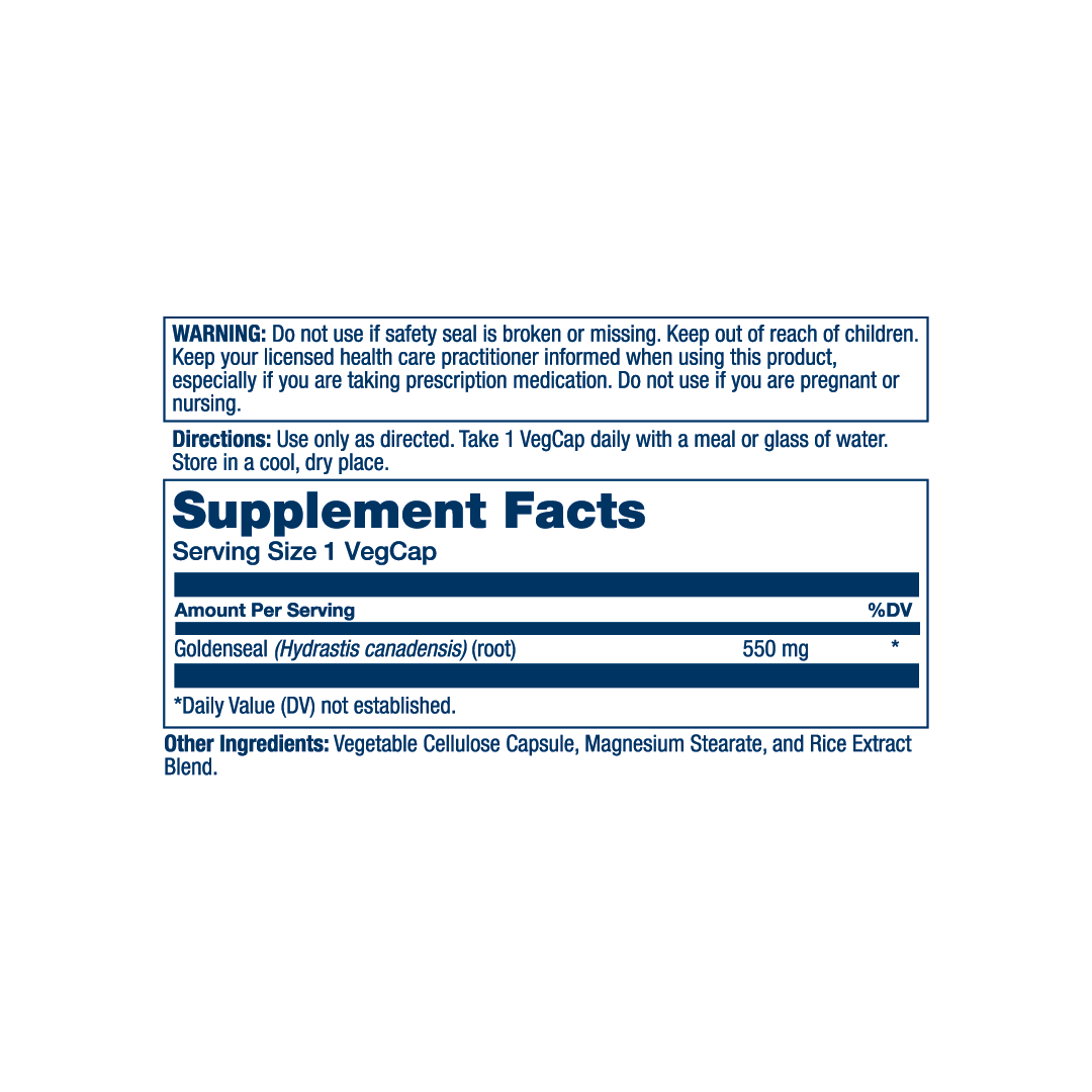Solaray, Goldenseal Root Capsules 550 mg, 50 VegCaps supplement facts label showing ingredients, vitamins, minerals, and serving information