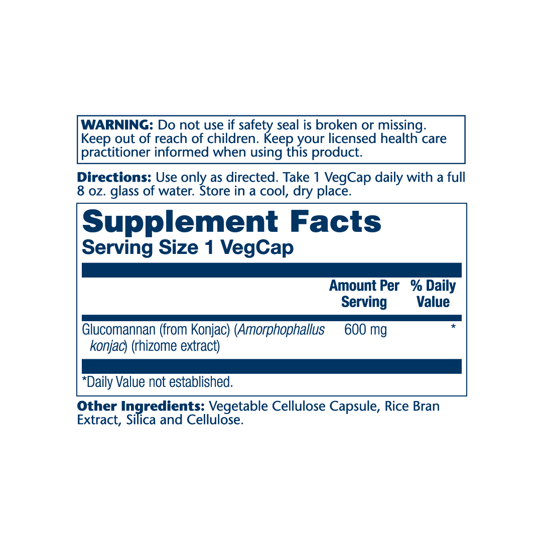 Solaray, Glucomannan, Rhizome Extract, 600 mg, 100 VegCaps supplement facts label showing ingredients, vitamins, minerals, and serving information