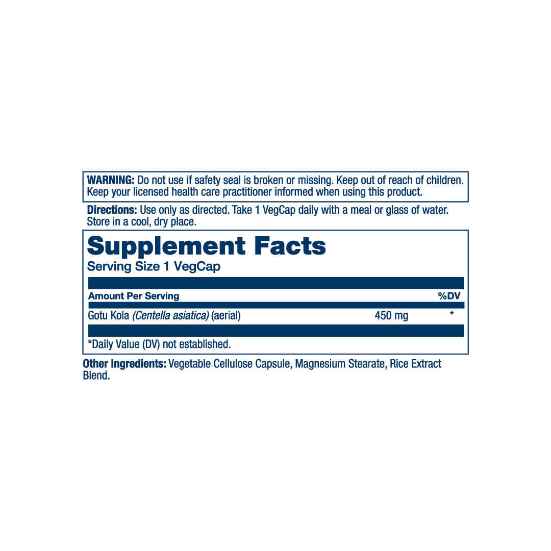 Solaray, True Herbs, Gotu Kola, 450 mg, 100 VegCaps supplement facts label showing ingredients, vitamins, minerals, and serving information