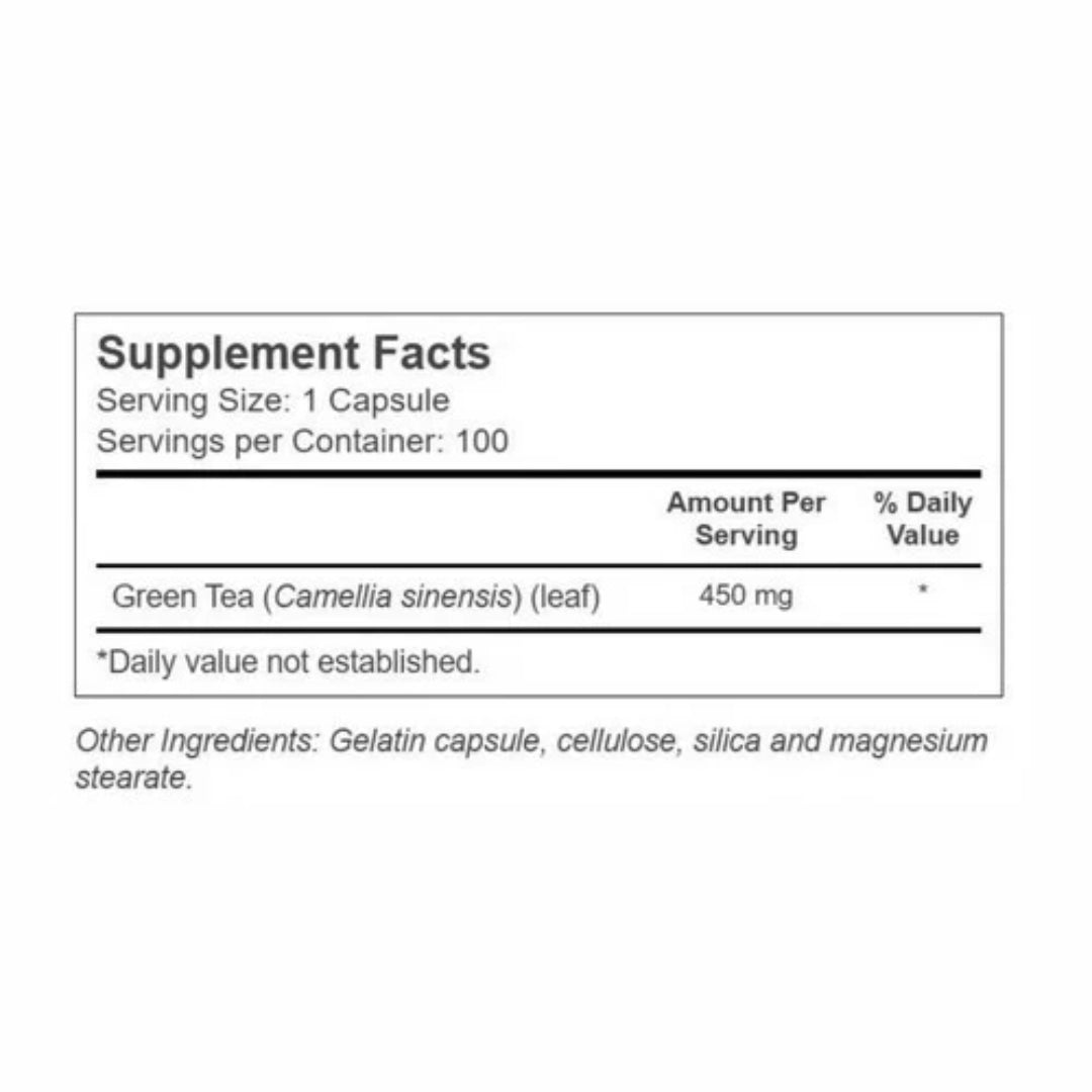 Solaray, True Herbs, Green Tea, 450 mg, 100 VegCaps supplement facts label showing ingredients, vitamins, minerals, and serving information