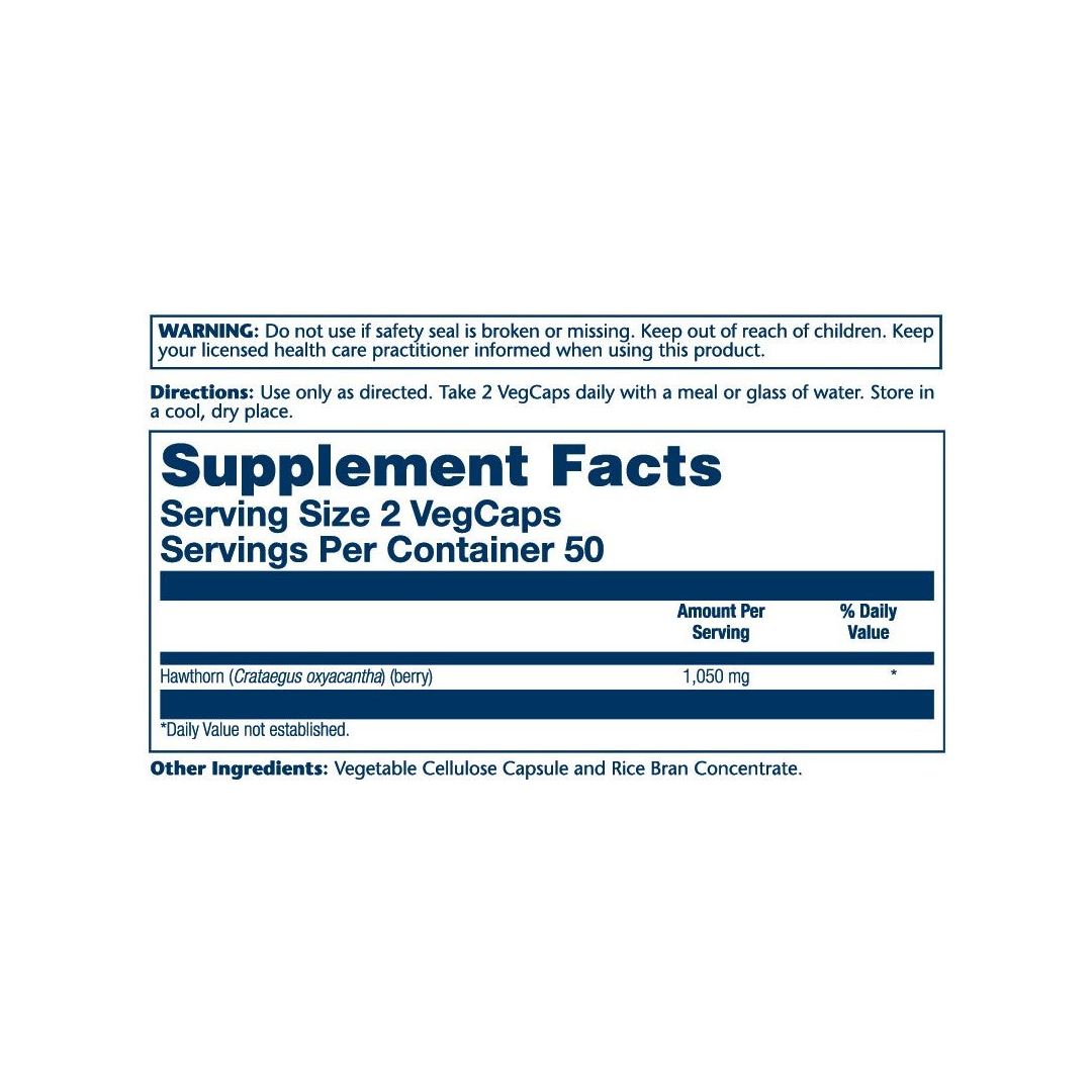 Solaray, True Herbs, Hawthorn, 100 VegCaps (525 mg per Capsule) supplement facts label showing ingredients, vitamins, minerals, and serving information