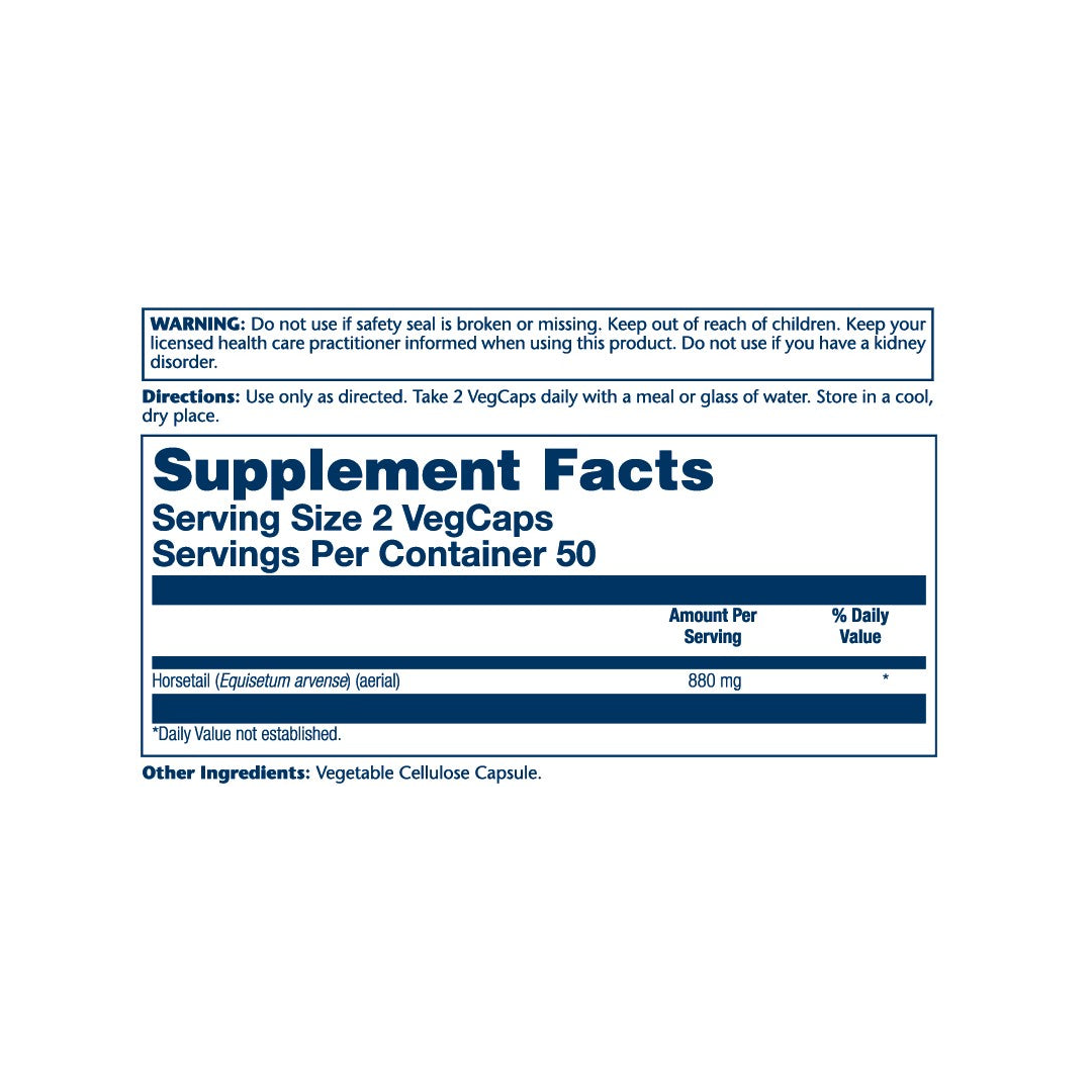 Solaray, True Herbs, Horsetail, 100 VegCaps (440 mg per Capsule) supplement facts label showing ingredients, vitamins, minerals, and serving information