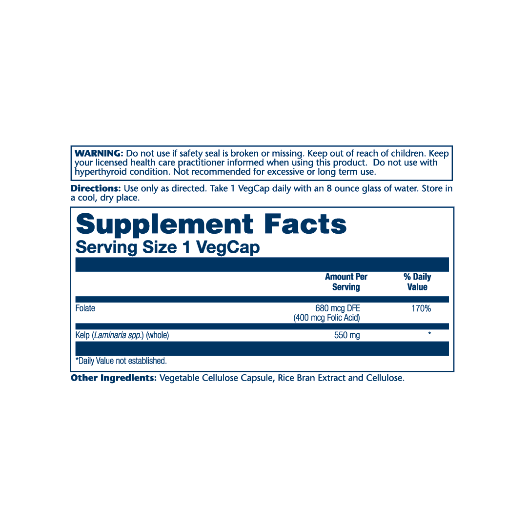 Solaray, True Herbs, Kelp, 100 Vegcaps supplement facts label showing ingredients, vitamins, minerals, and serving information