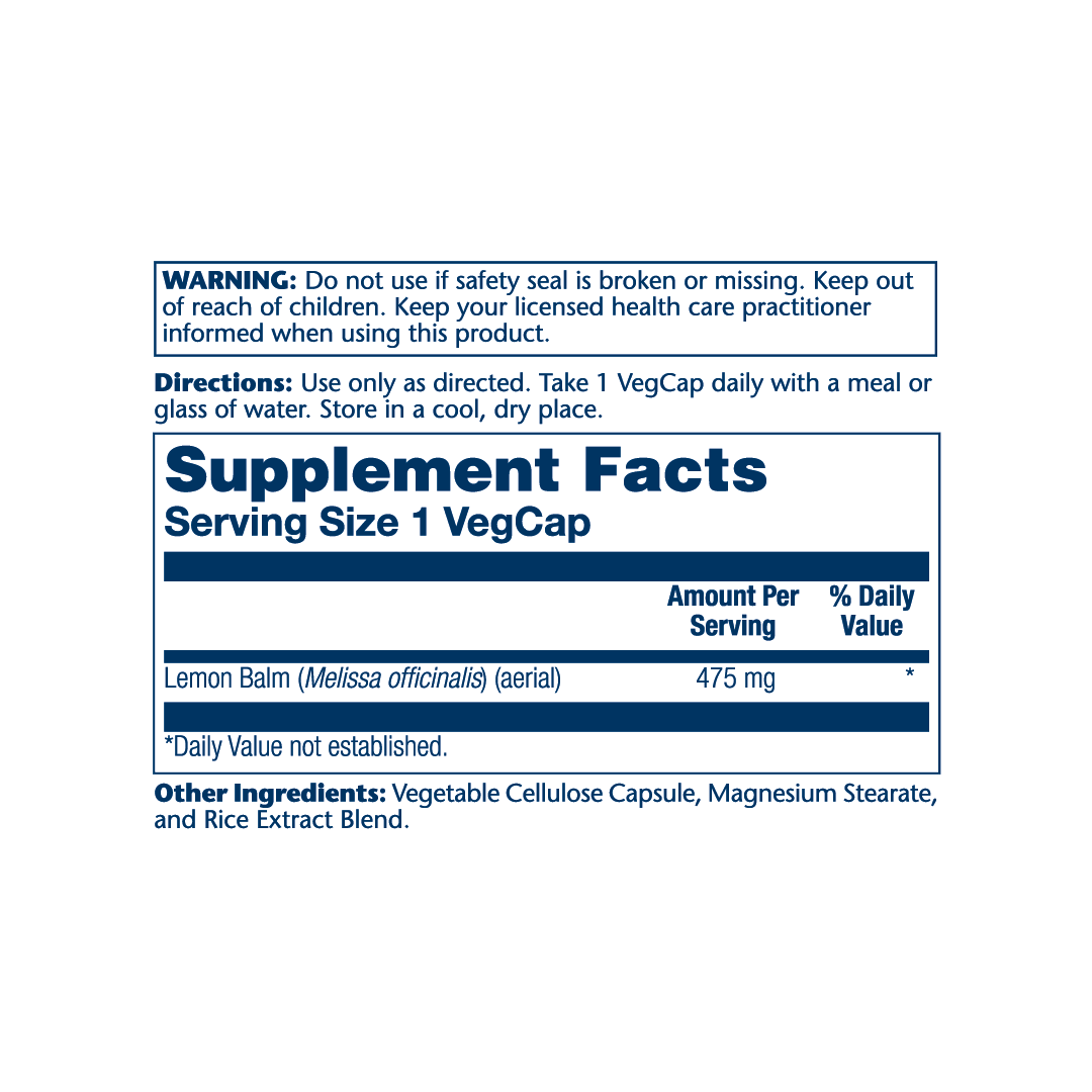 Solaray, True Herbs, Lemon Balm, 475 mg, 100 VegCaps supplement facts label showing ingredients, vitamins, minerals, and serving information