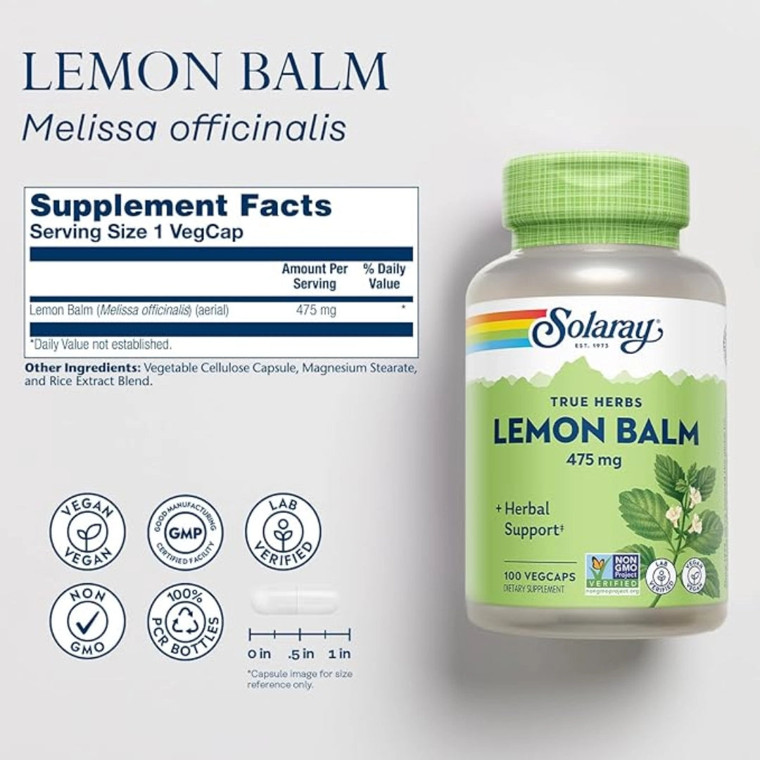 Solaray, True Herbs, Lemon Balm, 475 mg, 100 VegCaps