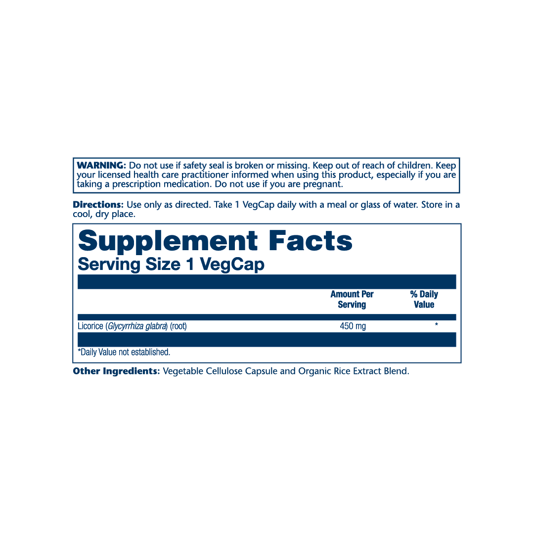 Solaray, Licorice, 450 mg, 100 VegCaps supplement facts label showing ingredients, vitamins, minerals, and serving information