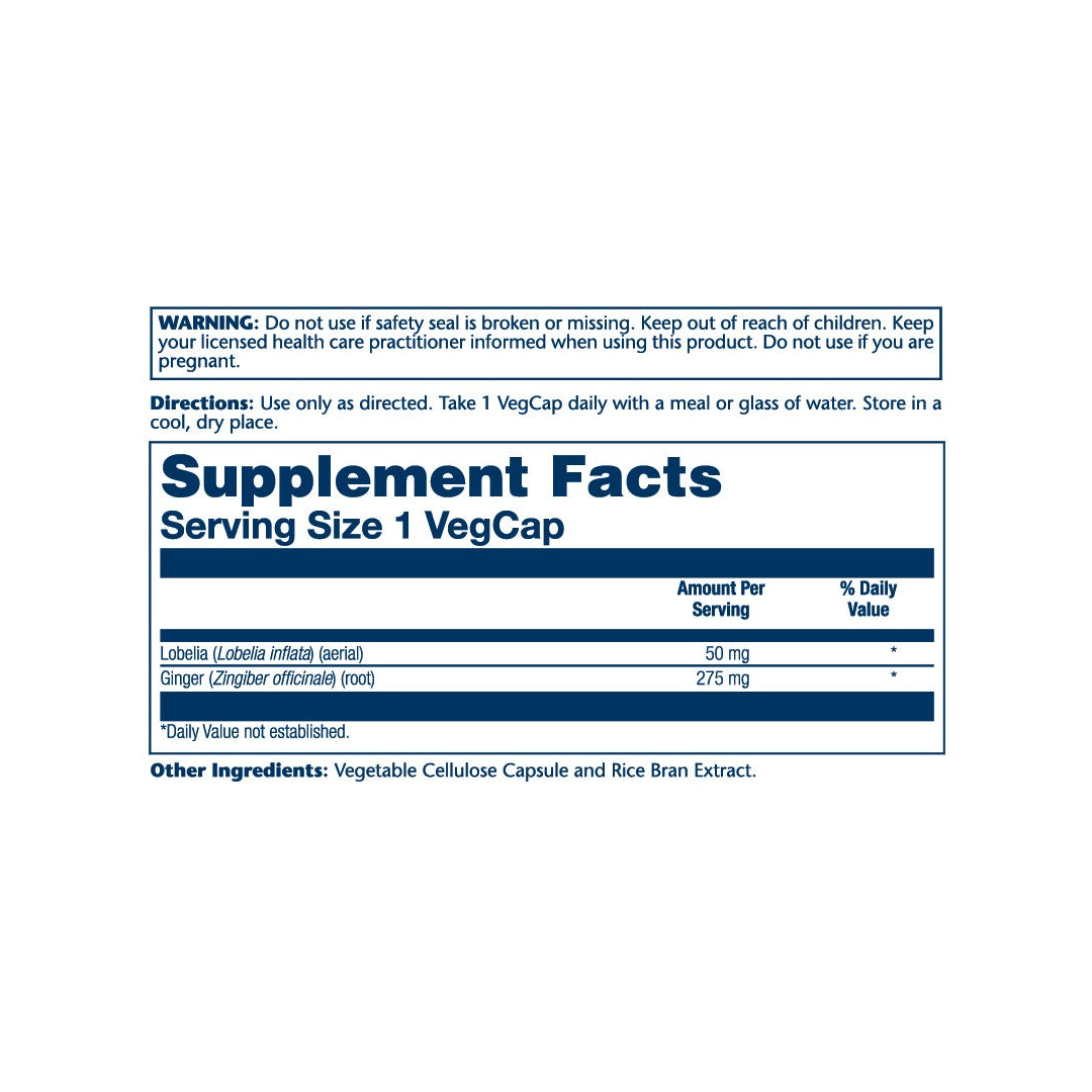 Solaray, True Herbs, Lobelia, 100 VegCaps supplement facts label showing ingredients, vitamins, minerals, and serving information