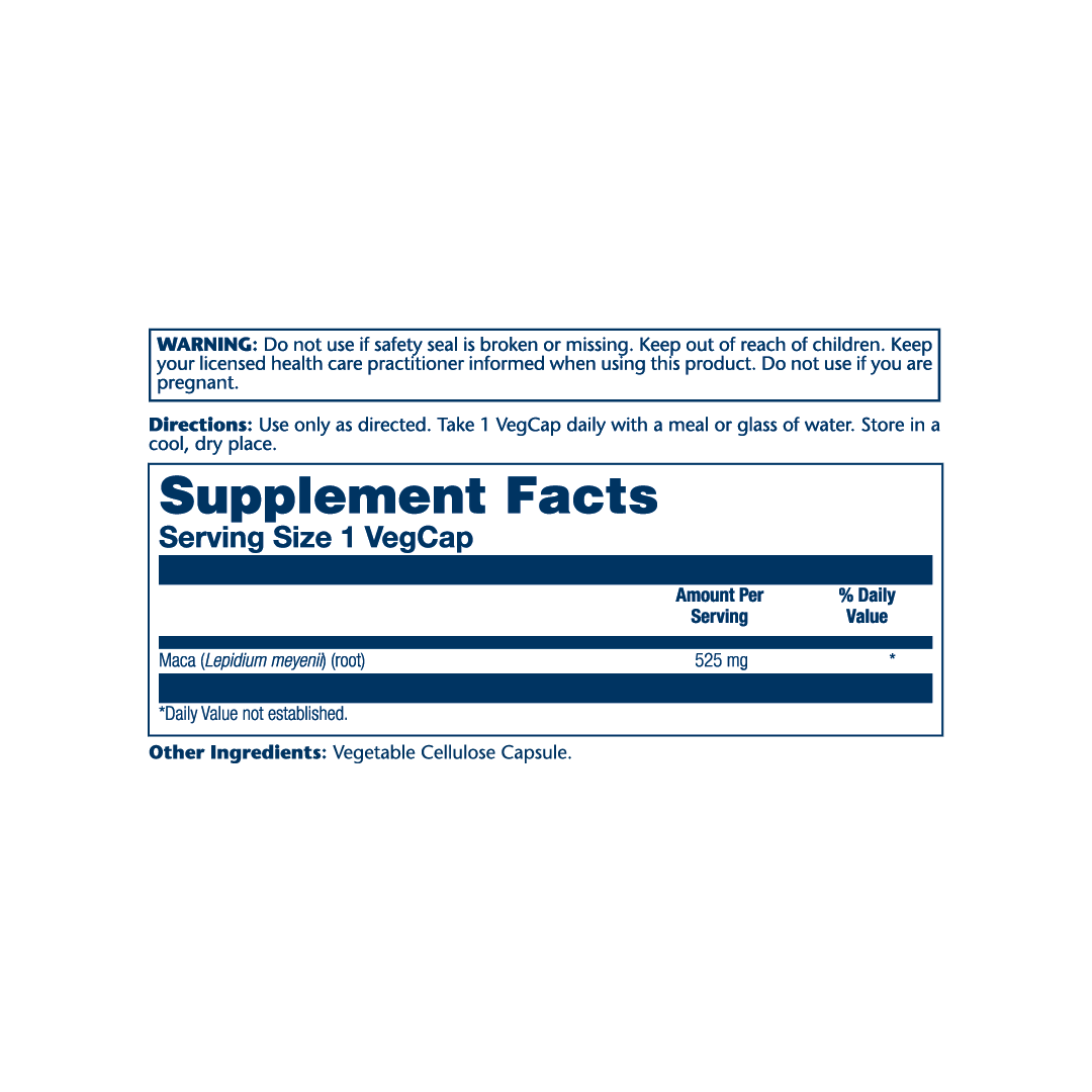 Solaray, True Herbs, Maca, 525 mg, 100 VegCaps supplement facts label showing ingredients, vitamins, minerals, and serving information