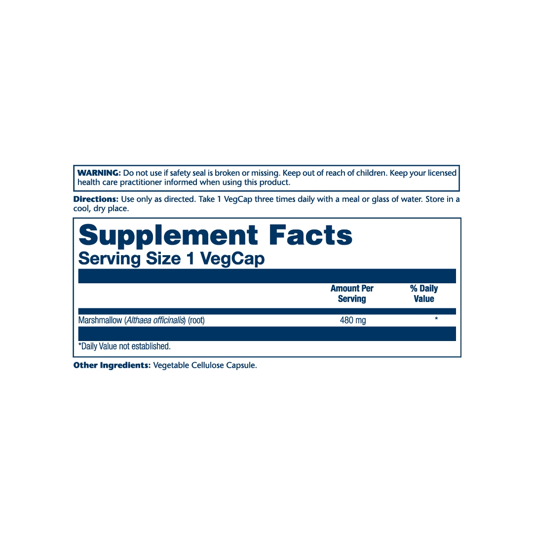 Solaray, True Herbs, Marshmallow, 480 mg, 100 VegCaps supplement facts label showing ingredients, vitamins, minerals, and serving information