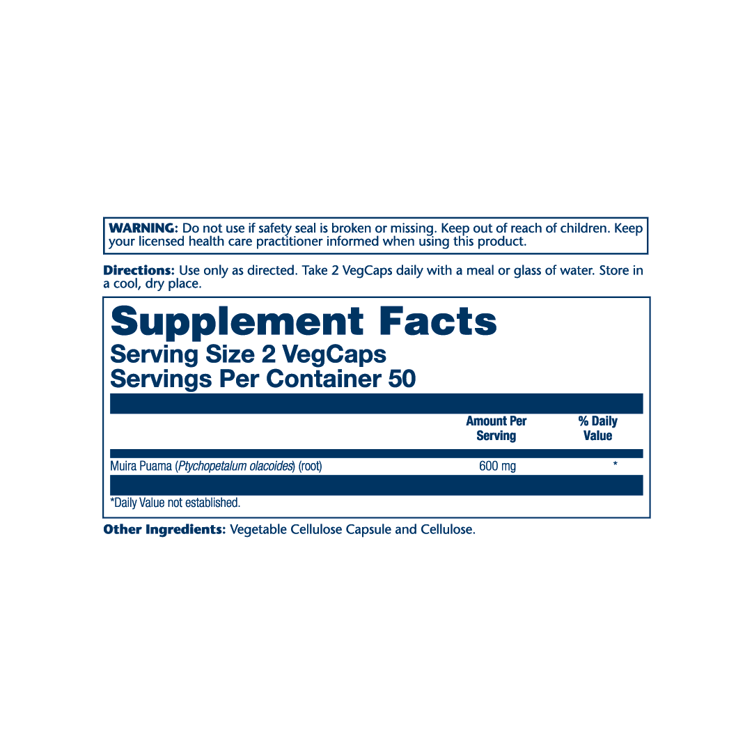 Solaray, True Herbs, Muira Puama, 100 VegCaps (300 mg per Capsule) supplement facts label showing ingredients, vitamins, minerals, and serving information