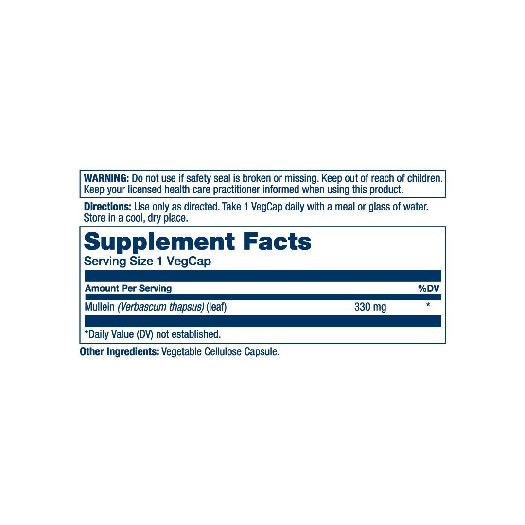 Solaray, True Herbs, Mullein, 330 mg, 100 VegCaps supplement facts label showing ingredients, vitamins, minerals, and serving information