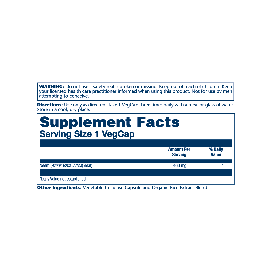 Solaray, True Herbs, Neem, 460 mg, 100 VegCaps supplement facts label showing ingredients, vitamins, minerals, and serving information