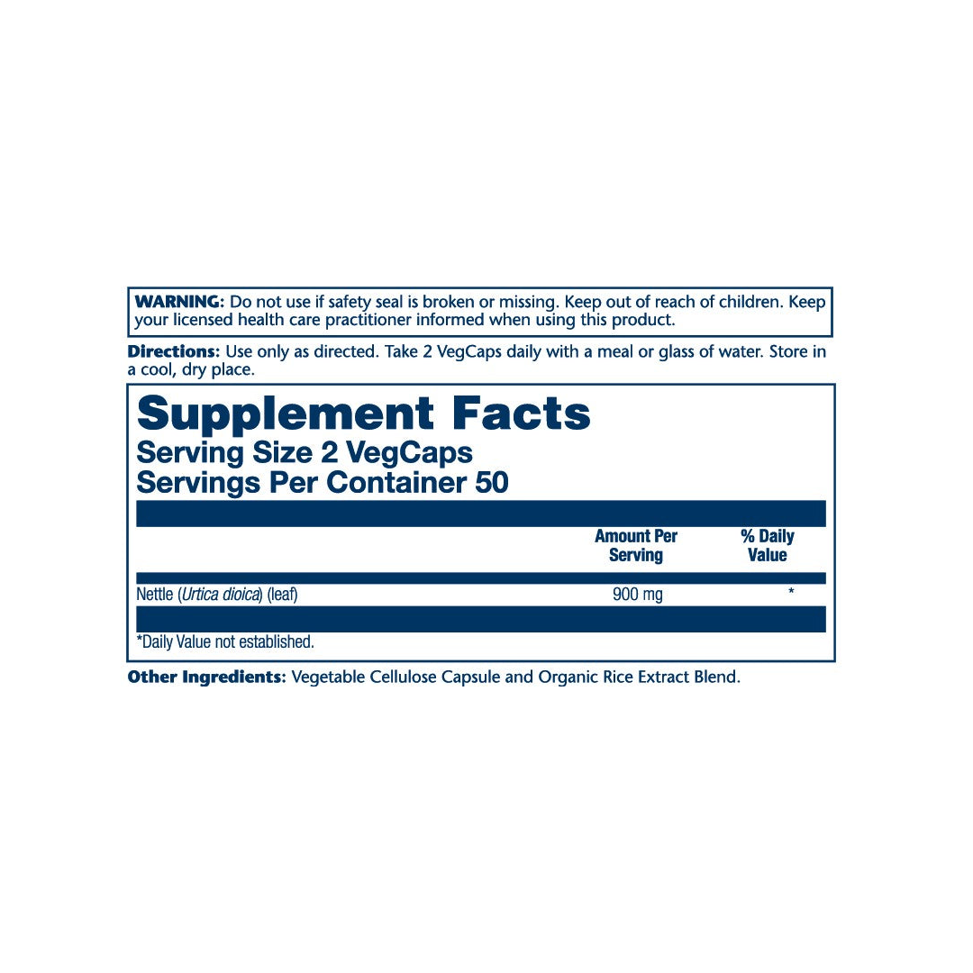 Solaray, True Herbs, Nettle, 100 VegCaps (450 mg per Capsule) supplement facts label showing ingredients, vitamins, minerals, and serving information
