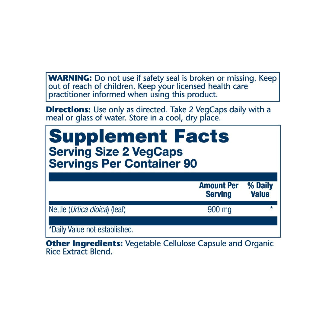 Solaray, True Herbs, Nettle, 180 VegCaps (450 mg per Capsule) supplement facts label showing ingredients, vitamins, minerals, and serving information