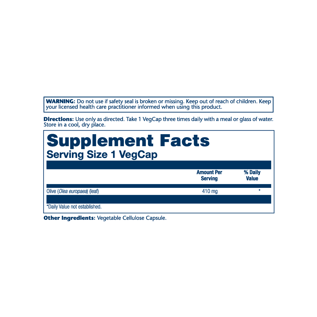 Solaray, True Herbs, Olive Leaf, 410 mg, 100 VegCaps supplement facts label showing ingredients, vitamins, minerals, and serving information