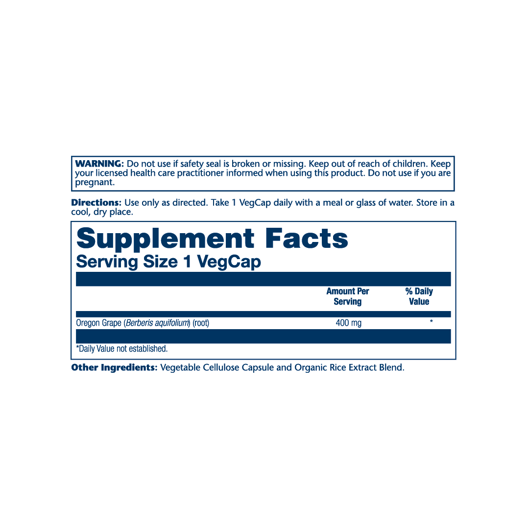 Solaray, True Herbs, Oregon Grape, 400 mg, 100 VegCaps supplement facts label showing ingredients, vitamins, minerals, and serving information