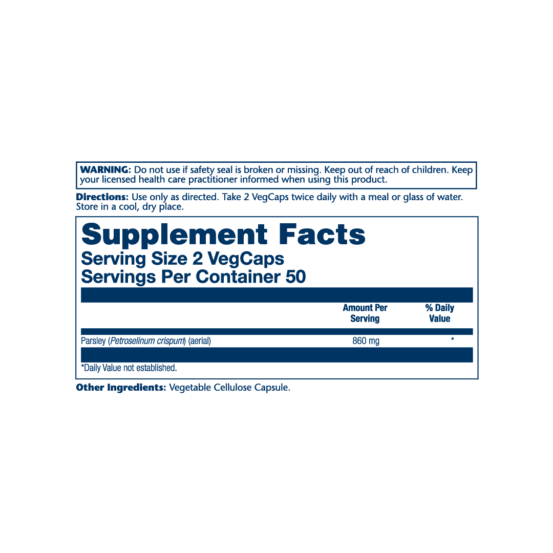 Solaray, True Herbs, Parsley Leaf, 100 VegCaps (430 mg per Capsule) supplement facts label showing ingredients, vitamins, minerals, and serving information