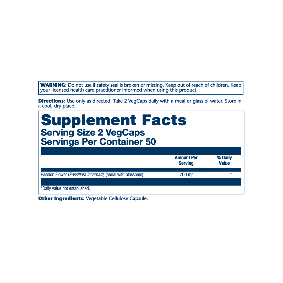 Solaray, True Herbs, Passion Flower, 100 VegCaps (350 mg per VegCap) supplement facts label showing ingredients, vitamins, minerals, and serving information