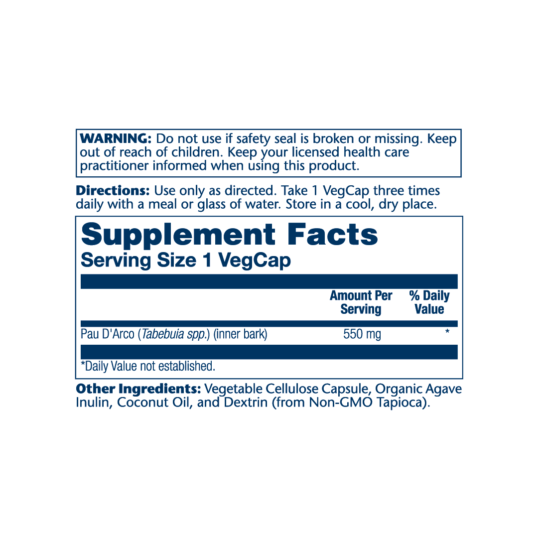 Solaray, True Herbs, Pau D'Arco, 550 mg, 100 VegCaps supplement facts label showing ingredients, vitamins, minerals, and serving information