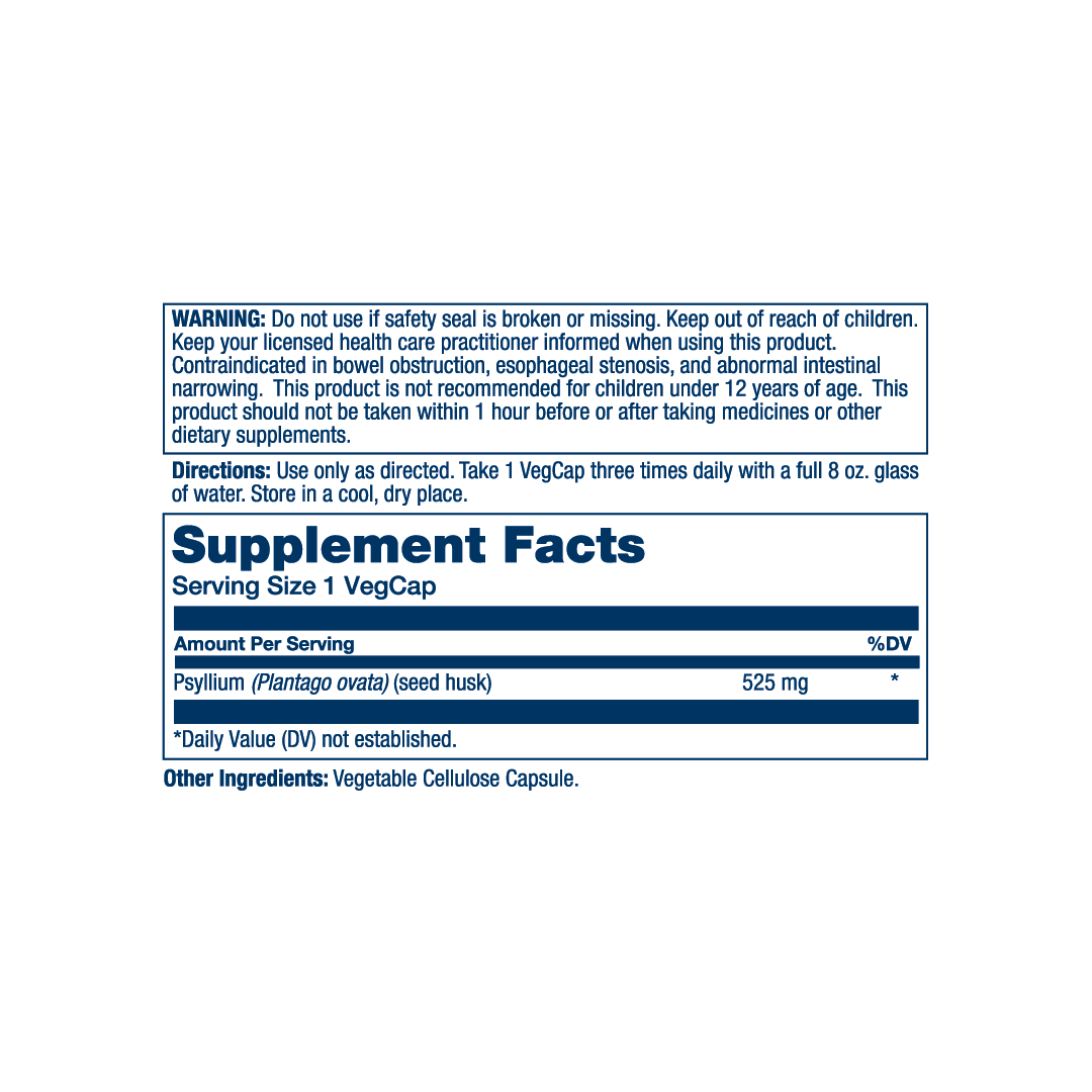 Solaray, Psyllium Husk, 525 mg , 100 VegCaps supplement facts label showing ingredients, vitamins, minerals, and serving information