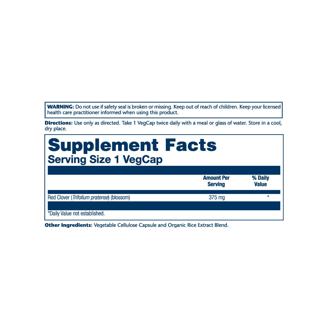 Solaray, True Herbs, Red Clover, 375 mg, 100 VegCaps supplement facts label showing ingredients, vitamins, minerals, and serving information