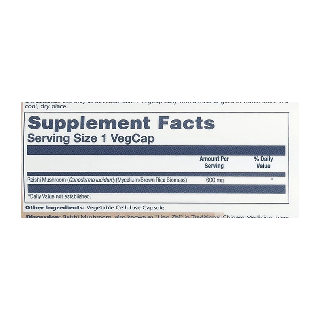 Solaray, Reishi Mushrooms, 600 mg, 100 VegCaps supplement facts label showing ingredients, vitamins, minerals, and serving information
