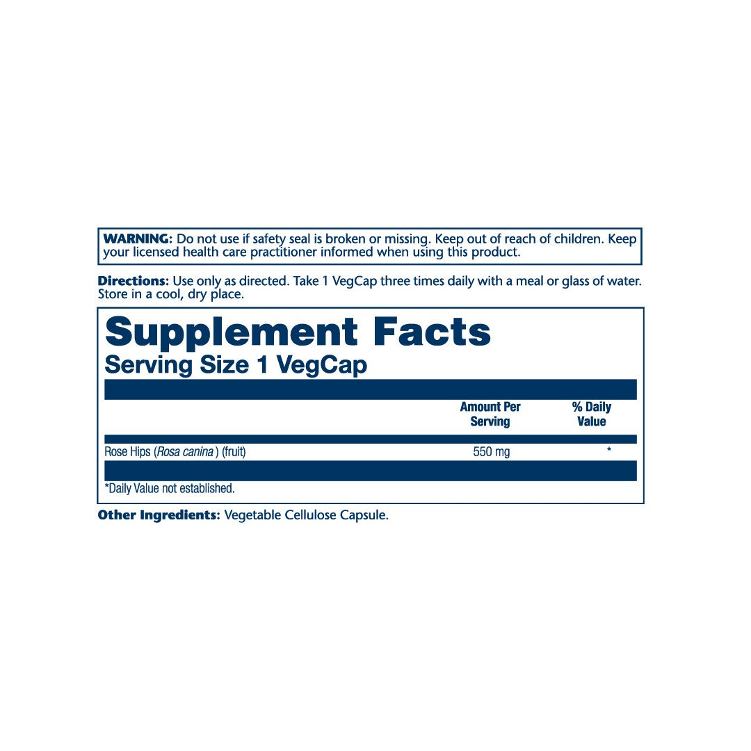 Solaray, True Herbs, Rose Hips, 550 mg, 100 VegCaps supplement facts label showing ingredients, vitamins, minerals, and serving information