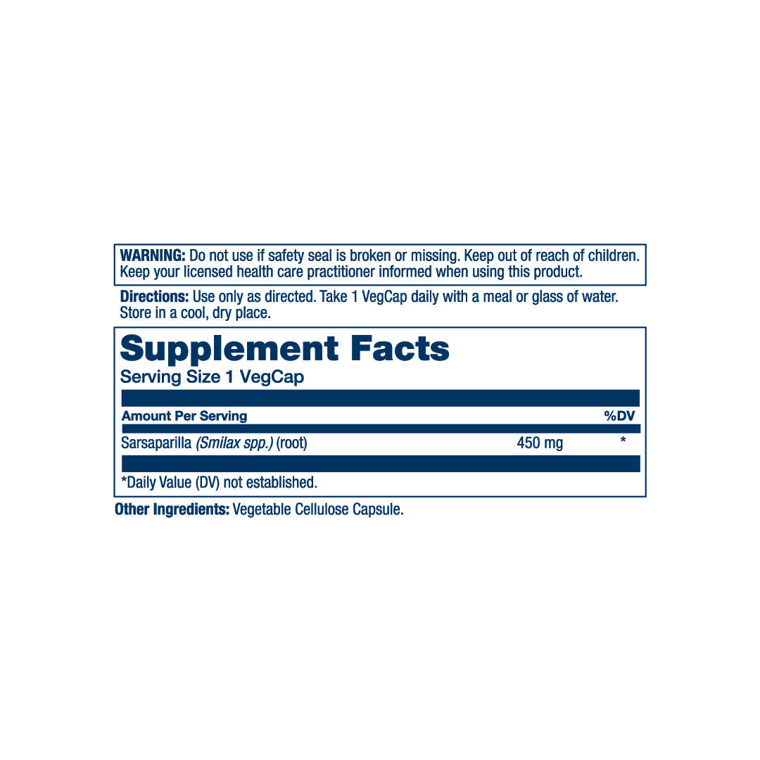 Solaray, True Herbs, Sarsaparilla, 450 mg, 100 Vegcaps supplement facts label showing ingredients, vitamins, minerals, and serving information