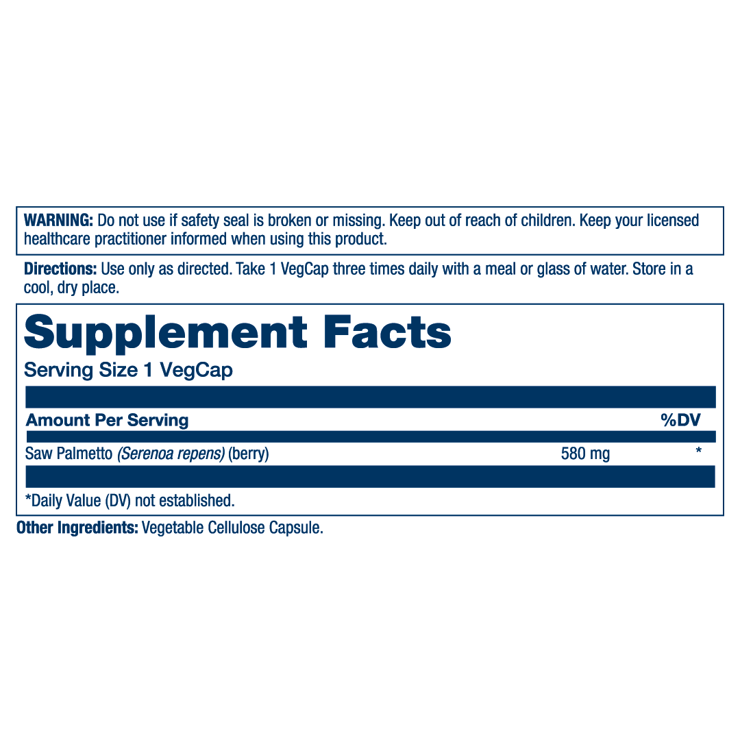 Solaray, True Herbs, Saw Palmetto, 580 mg, 180 VegCaps supplement facts label showing ingredients, vitamins, minerals, and serving information