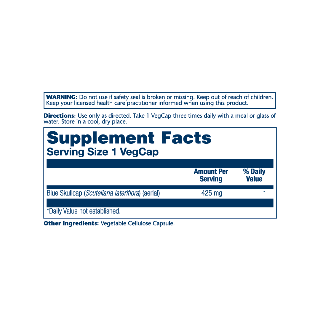 Solaray, True Herbs, Blue Skullcap, 425 mg, 100 VegCaps supplement facts label showing ingredients, vitamins, minerals, and serving information