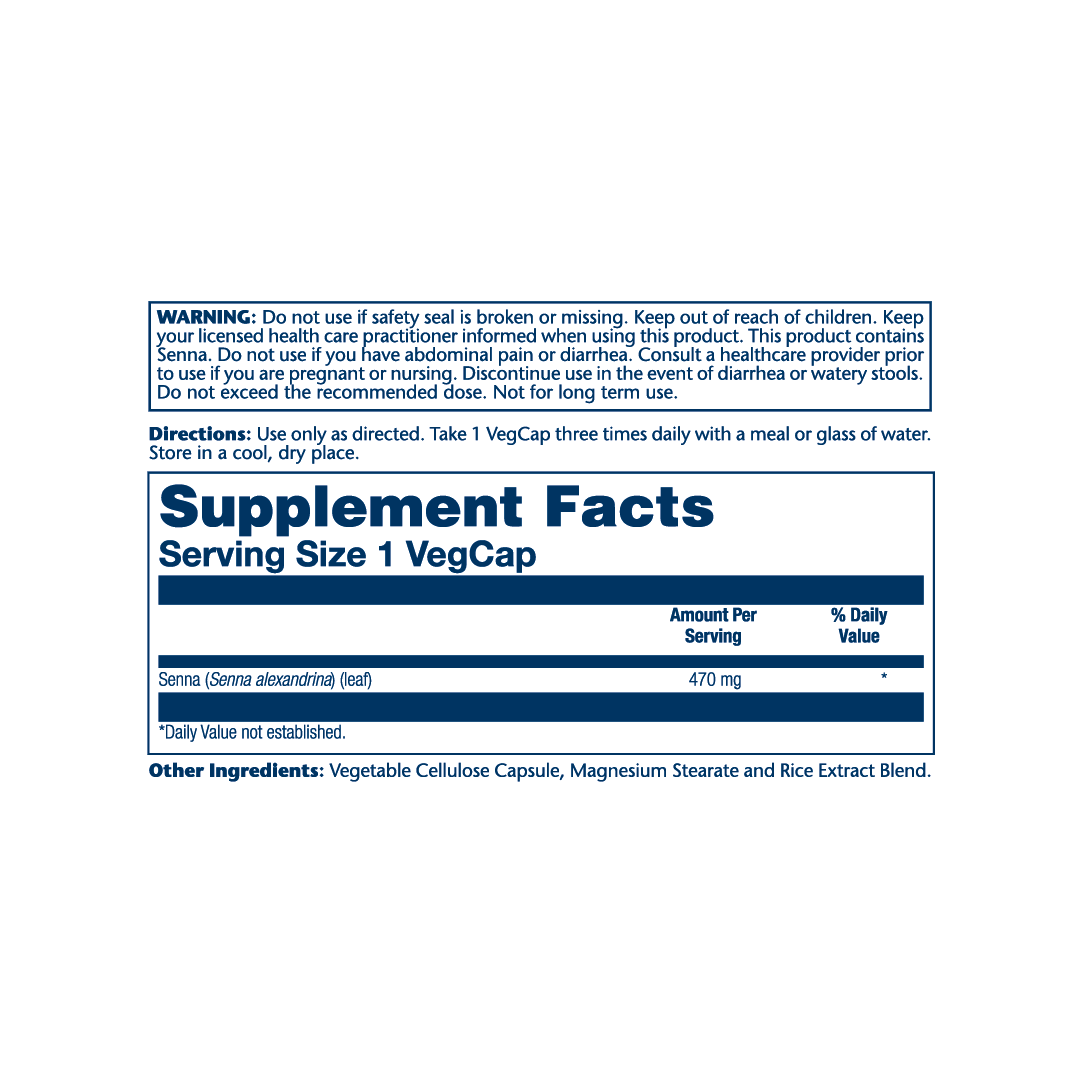 Solaray, Senna, 470 mg, 100 VegCaps supplement facts label showing ingredients, vitamins, minerals, and serving information