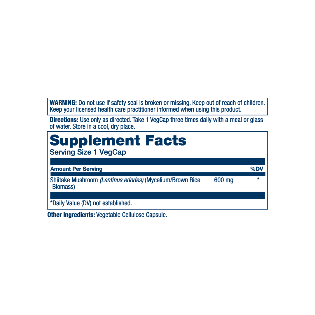 Solaray, Mushrooms, Shiitake Mushroom, 600 mg, 100 VegCaps supplement facts label showing ingredients, vitamins, minerals, and serving information