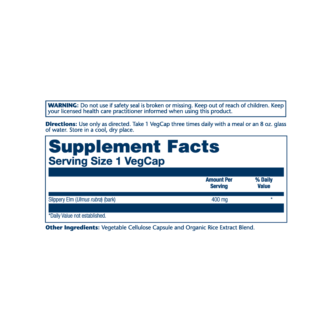 Solaray, True Herbs, Slippery Elm, 400 mg, 100 VegCaps supplement facts label showing ingredients, vitamins, minerals, and serving information