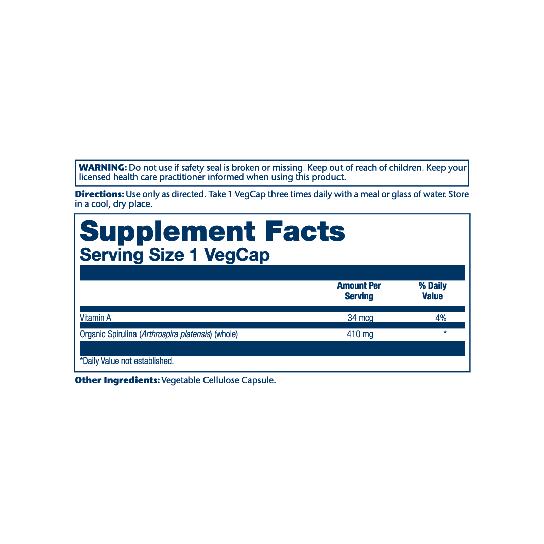 Solaray, True Herbs, Spirulina, 100 Vegcaps supplement facts label showing ingredients, vitamins, minerals, and serving information