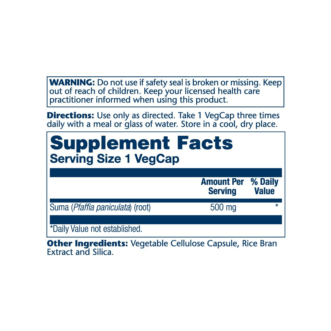 SOLARAY, Suma Root 500mg, 100 VegCaps supplement facts label showing ingredients, vitamins, minerals, and serving information