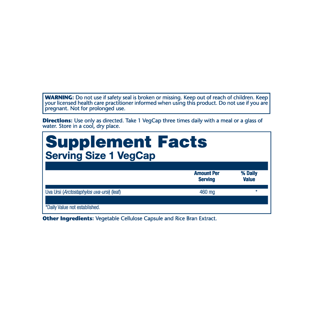 Solaray, True Herbs, Uva Ursi, 460 mg, 100 VegCaps supplement facts label showing ingredients, vitamins, minerals, and serving information